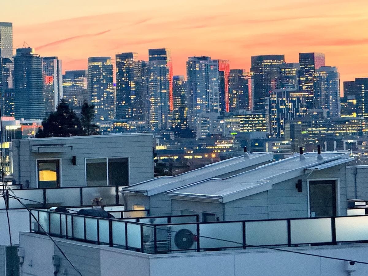 Downtown Seattle skyline at sunset. Photo taken from the top balcony.