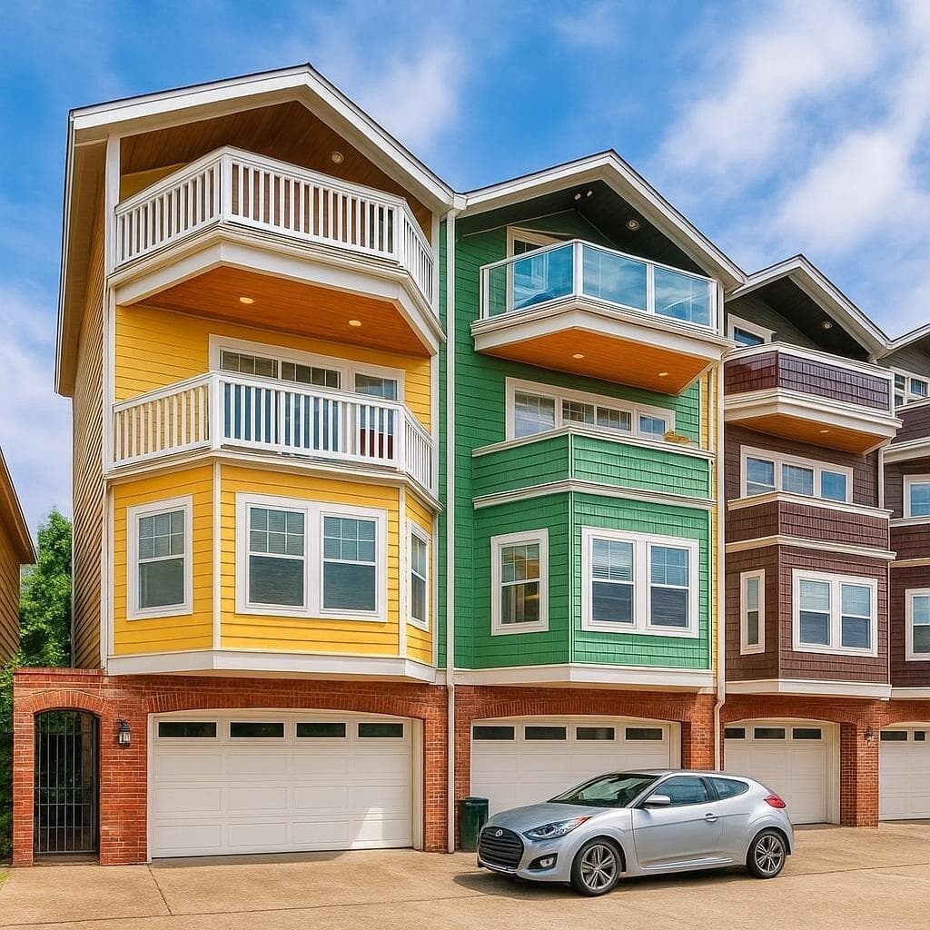 A four-story townhouse featuring two balconies and a two-car garage, located in the heart of Seattle, close to popular attractions.